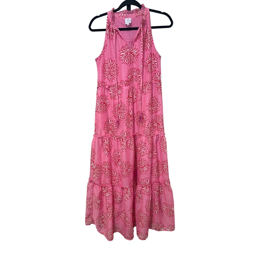 J. Marie Sienna Ruffle Tier Maxi Dress Pink Floral Daisy Print Size XS
